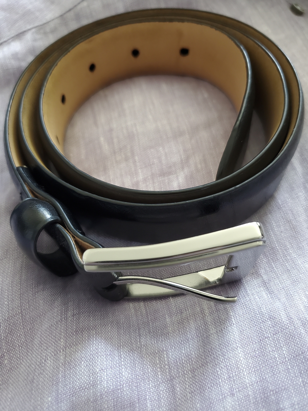 Lands' End Black Leather Belt with Silver Tone Buckle